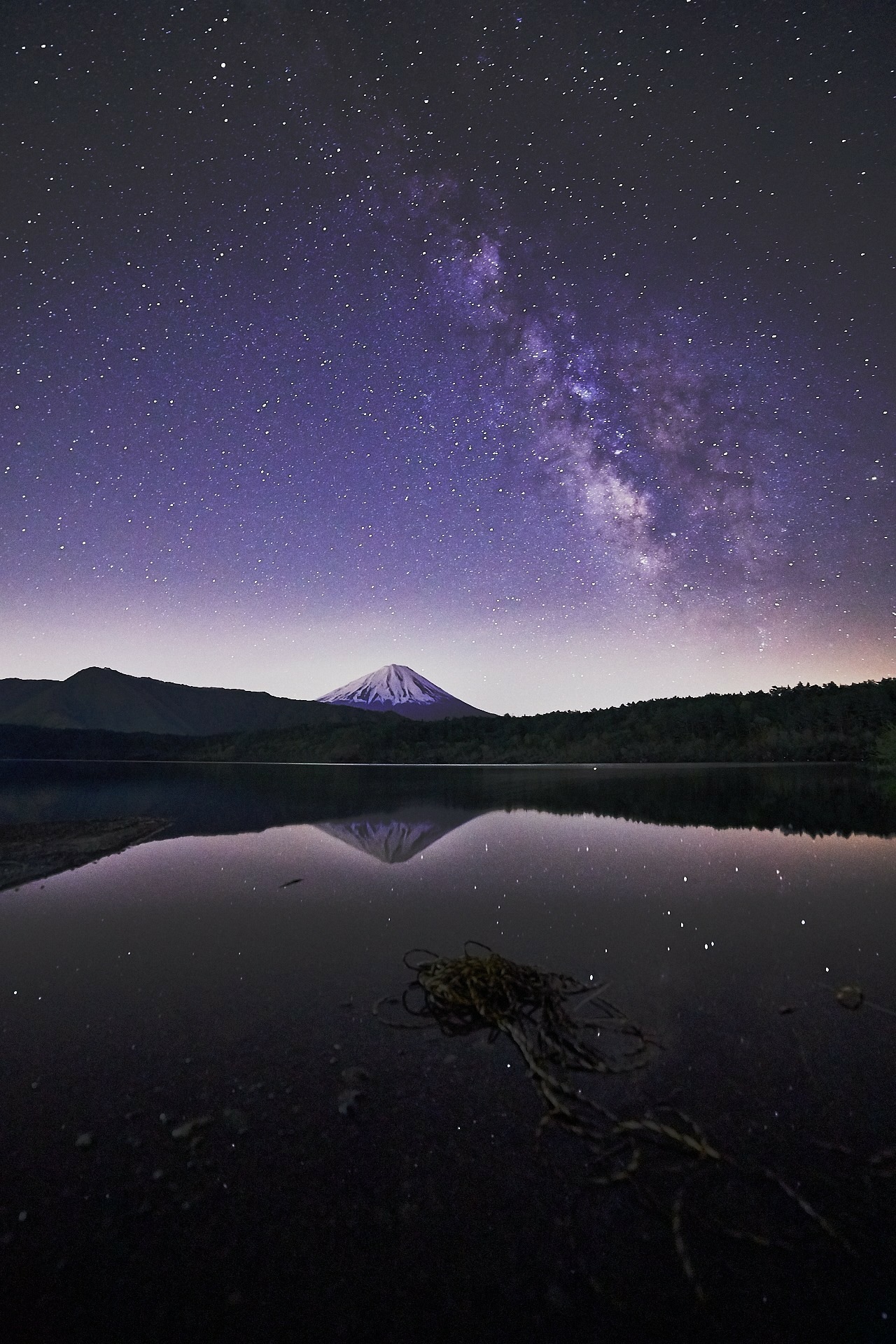 富士山と夜景、星空